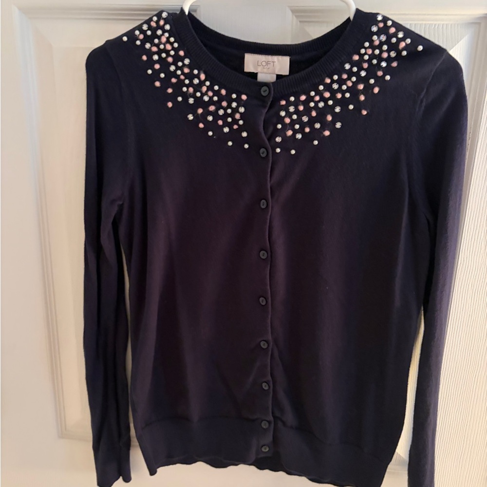 LOFT Navy Cardigan with Pearl and Pink Bead Embellishment